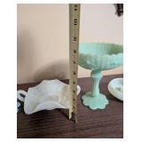 Collection of 5 Vintage Milk Glass Decorative Dishes and Candleholder