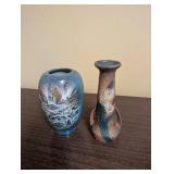 Pair of Vintage Pottery Vases - Blue Landscape and Roseville Floral Design