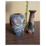 Pair of Vintage Pottery Vases - Blue Landscape and Roseville Floral Design
