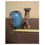 Pair of Vintage Pottery Vases - Blue Landscape and Roseville Floral Design