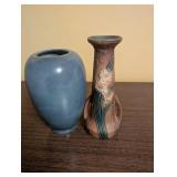 Pair of Vintage Pottery Vases - Blue Landscape and Roseville Floral Design