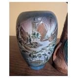 Pair of Vintage Pottery Vases - Blue Landscape and Roseville Floral Design