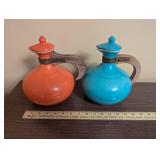 Pair of Vintage 565 Ceramic Water Pitchers with Wood Handles - Orange and Blue