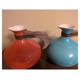 Pair of Vintage 565 Ceramic Water Pitchers with Wood Handles - Orange and Blue