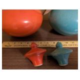 Pair of Vintage 565 Ceramic Water Pitchers with Wood Handles - Orange and Blue