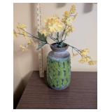 Handcrafted Green Ceramic Vase with Faux Yellow Flowers
