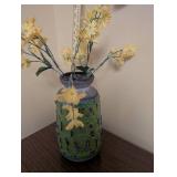 Handcrafted Green Ceramic Vase with Faux Yellow Flowers