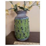 Handcrafted Green Ceramic Vase with Faux Yellow Flowers