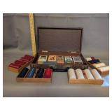 Vintage Poker Set with Chips and Playing Cards in Brown Case