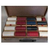 Vintage Poker Set with Chips and Playing Cards in Brown Case