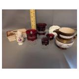 Assorted Collection of Antique Ruby Glass, Pottery, and Porcelain Pieces