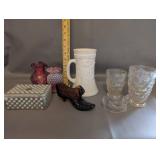 Vintage Art Glass Collection Including Fenton Vases, Hobnail Trinket Box, and Decorative Pieces