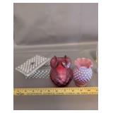 Vintage Art Glass Collection Including Fenton Vases, Hobnail Trinket Box, and Decorative Pieces