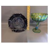 Vintage Carnival Glass Windmill Bowl and Green Compote Dish