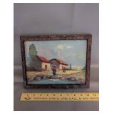 Vintage Framed Landscape Painting with Village Scene