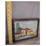 Vintage Framed Landscape Painting with Village Scene