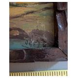 Vintage Framed Landscape Painting with Village Scene