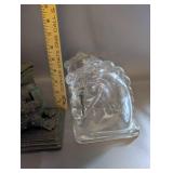 Collection of Decorative Bookends and Bust Statues - Metal, Frog, Glass Horse Head