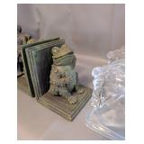 Collection of Decorative Bookends and Bust Statues - Metal, Frog, Glass Horse Head