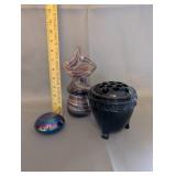Decorative Glass Perfume Bottle, Black Cauldron Incense Burner, and Iridescent Stone Set