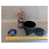 Decorative Glass Perfume Bottle, Black Cauldron Incense Burner, and Iridescent Stone Set