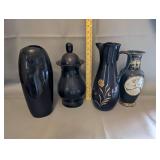 Collection of 4 Black Decorative Vases and Pitchers with Gold Accents