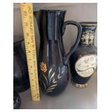 Collection of 4 Black Decorative Vases and Pitchers with Gold Accents