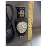 Collection of 4 Black Decorative Vases and Pitchers with Gold Accents