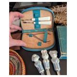 Vintage Sewing Kits, Manicure Sets, Child Flatware, Coasters, and Collectible Items Lot