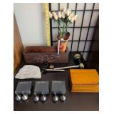 Decorative Household Lot with Dansk Mini Vases, Wood Boxes, Stone Plaque, and Floral Arrangement