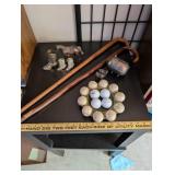 Collection of Decorative Walking Canes, Western Figurines, Golf Plate, and Assorted Items