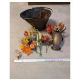 Lot of 2 Vintage Metal Vases with Fall Faux Floral Arrangements