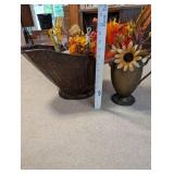 Lot of 2 Vintage Metal Vases with Fall Faux Floral Arrangements