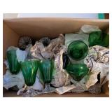 Set of 6 Green Depression Glass Goblets and Sherbet Cups with Clear Pedestal Base