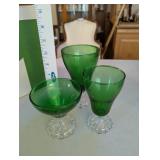 Set of 6 Green Depression Glass Goblets and Sherbet Cups with Clear Pedestal Base