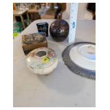 Decorative Collectibles Lot with Porcelain Plate, Trinket Boxes, and Art Sphere