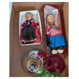 Collection of 2 Vintage Dolls and Assorted Decorative Glassware