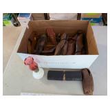 Collection of Vintage Shoe Stretchers, Small Red Lamp, and Leather Cord Case