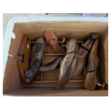 Collection of Vintage Shoe Stretchers, Small Red Lamp, and Leather Cord Case