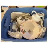 Lot of Assorted Ceramic and Porcelain Tableware in Storage Tote