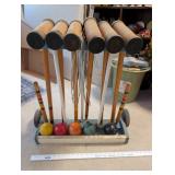 Vintage Wooden Croquet Set with 6 Mallets, 6 Balls, Wickets, and Rolling Stand