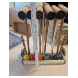 Vintage Wooden Croquet Set with 6 Mallets, 6 Balls, Wickets, and Rolling Stand