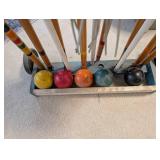 Vintage Wooden Croquet Set with 6 Mallets, 6 Balls, Wickets, and Rolling Stand
