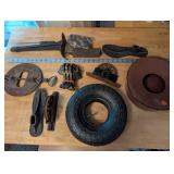 Vintage Industrial Hardware Lot with Wagon Wheel, Cast Iron Pieces, and Tire