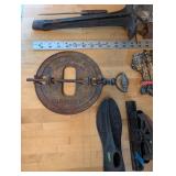 Vintage Industrial Hardware Lot with Wagon Wheel, Cast Iron Pieces, and Tire