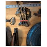 Vintage Industrial Hardware Lot with Wagon Wheel, Cast Iron Pieces, and Tire