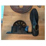 Vintage Industrial Hardware Lot with Wagon Wheel, Cast Iron Pieces, and Tire