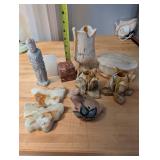 Collection of Decorative Onyx Stone Figures, Candle Holders, and Trinket Box