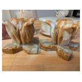 Collection of Decorative Onyx Stone Figures, Candle Holders, and Trinket Box