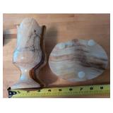 Collection of Decorative Onyx Stone Figures, Candle Holders, and Trinket Box